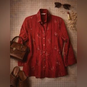 Fred David Red Embroidered Button‑Front Blouse Crinkle Texture Size L